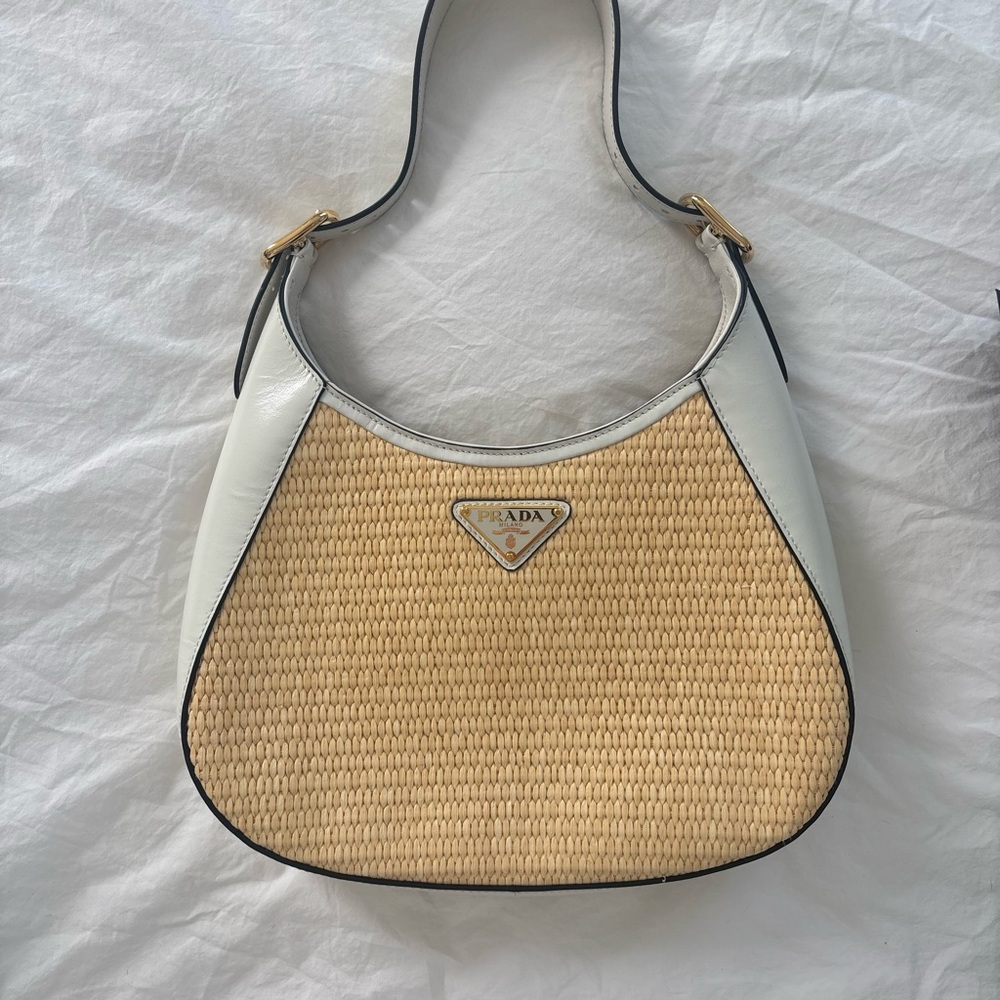 Prada Cleo Raffia Wicker Bag White Leather Gold Hardware - w/ Authenticity Cards